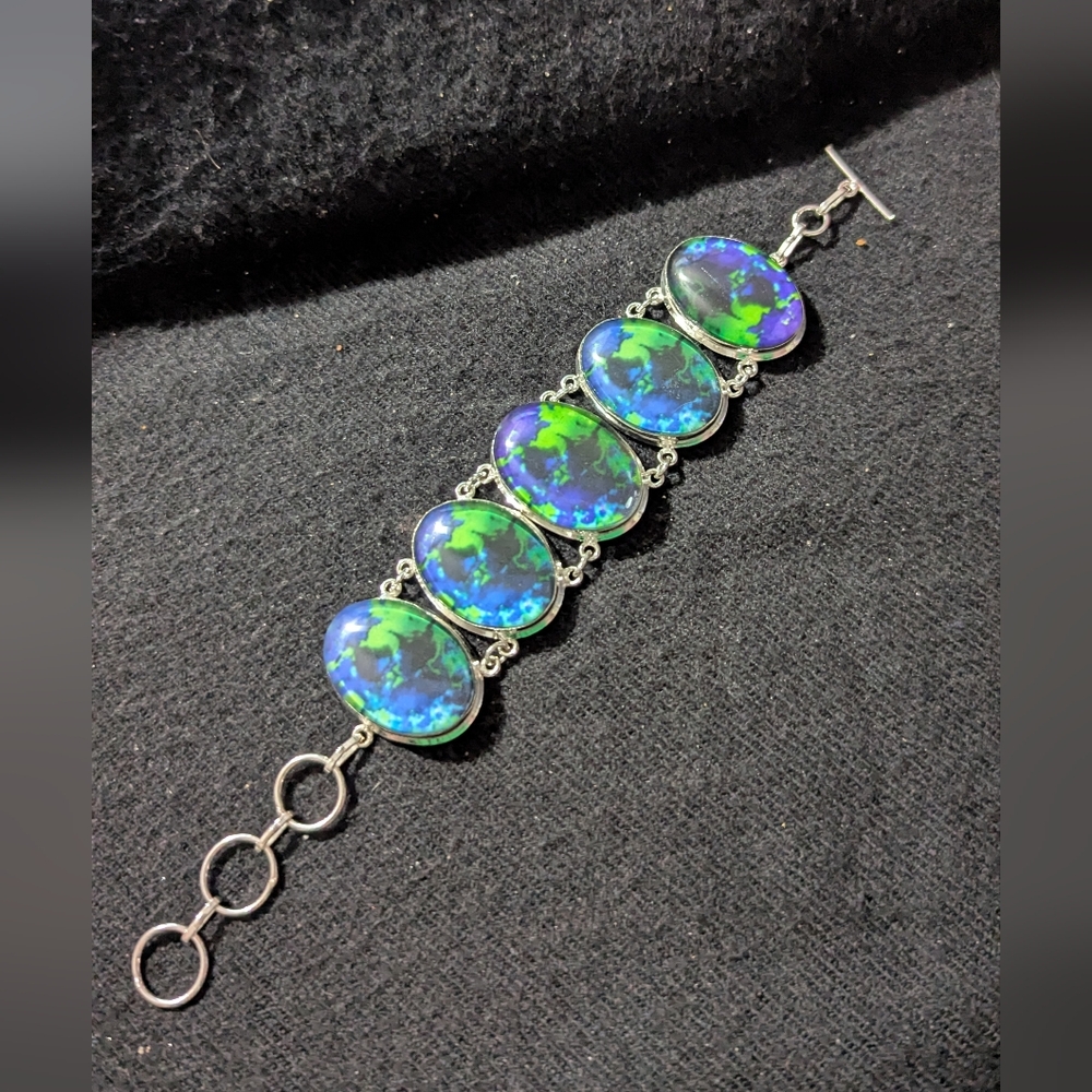 Silver Plated Blue And Green Swirl Oval Chunky Statement Bracelet